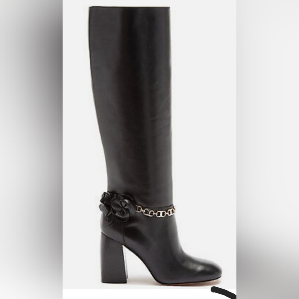 Tory Burch Black Blossom Block Heel Boots Tall Knee High Shoes - Picture 6 of 10